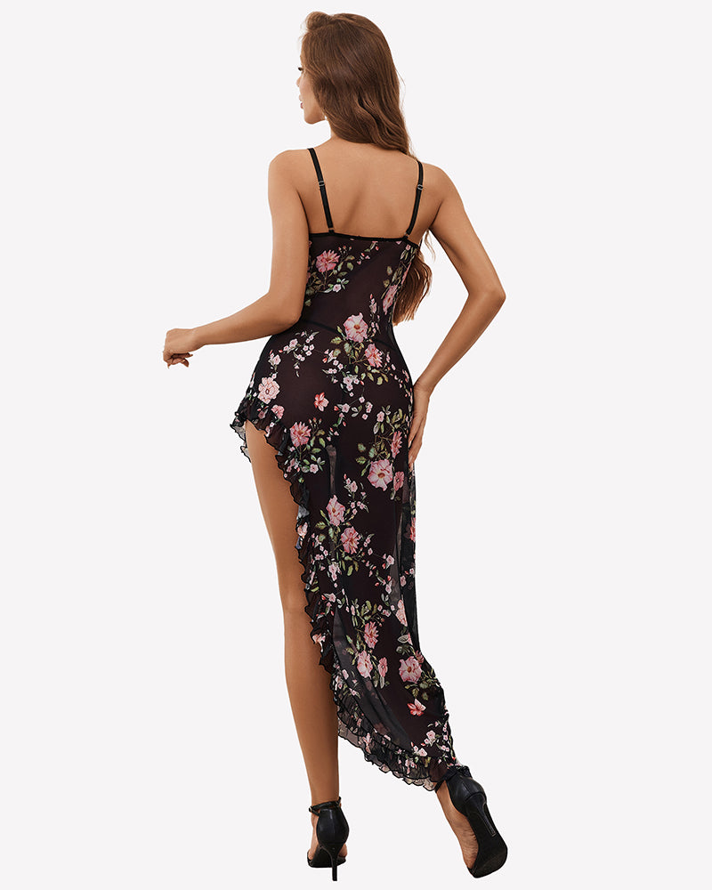 Floral mesh chemise nightdress with V-neck and spaghetti straps, black base