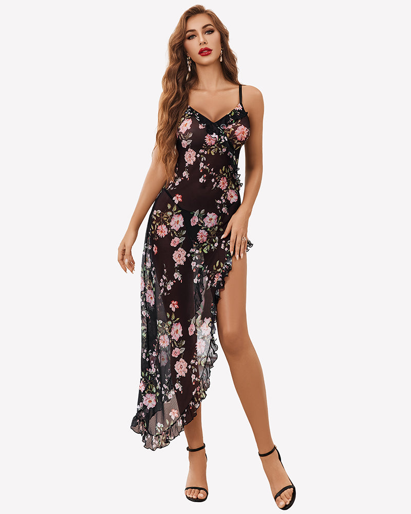 Floral mesh nightdress chemise with V-neck and ruffled hem, black base