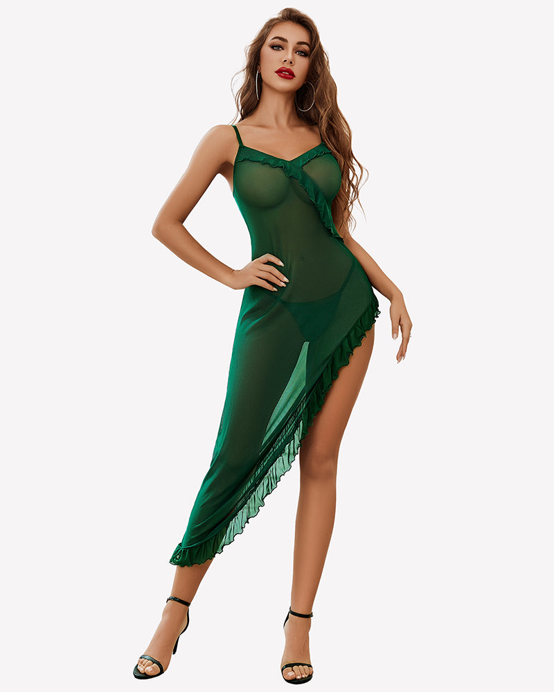 Green mesh chemise nightdress with V-neck, spaghetti straps, ruffled hem