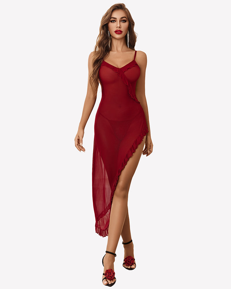 Wine red V-neck mesh chemise nightdress with ruffled trim and high slit