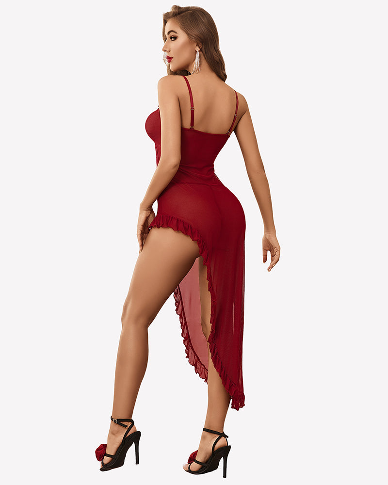 Wine red mesh chemise nightdress with lace trim and strappy back