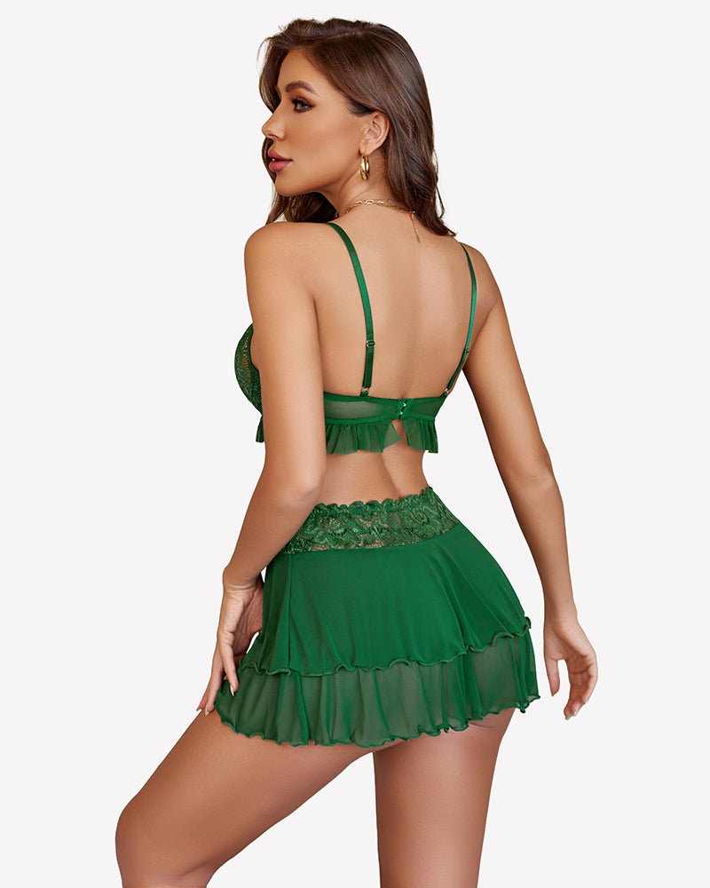 Green lace bralette and mini skirt set, open-back straps with tiered ruffle hem