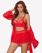 Red lace bralette and ruffled mini skirt set with matching sheer robe sleeves