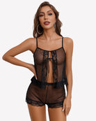 Black sheer polka dot lace-trim cami and shorts set, front tie detail and thin straps