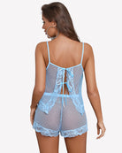 Light blue sheer polka dot cami and shorts set, back view with lace panels