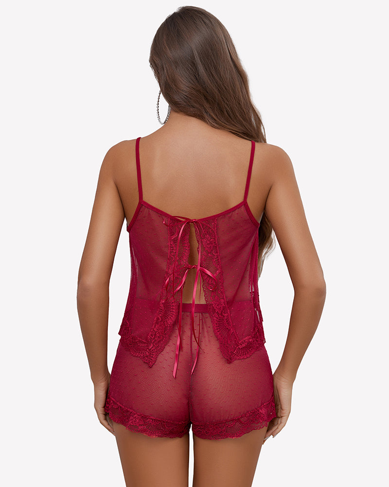 Burgundy sheer polka dot lace-trim cami and shorts set, back view with bow tie