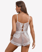 White sheer polka dot cami and shorts set, back view with lace trim and panels
