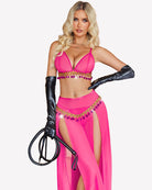 Hot pink sheer bra top and split maxi skirt set with gold beaded trim and fringe