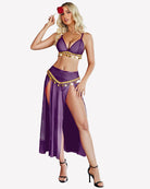 Purple sheer bra top and split maxi skirt set with gold beaded trim, side view