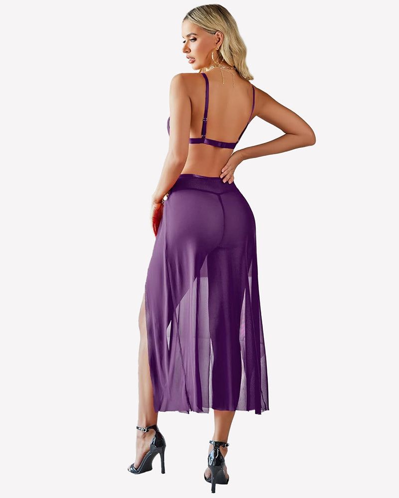 Mesh sheer bra top and split maxi skirt set, dark purple, bead-trimmed straps