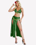 Mesh sheer bra top and split maxi skirt set, green, bead-trimmed bra and hem