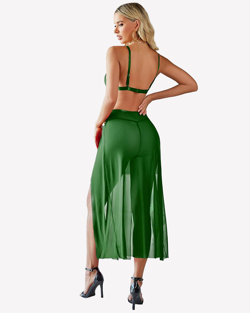Mesh sheer bra top and split maxi skirt set, green, back view with bead-trim