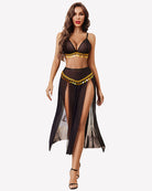 Black sheer bra top and split maxi skirt set with gold beaded trim, full-length view