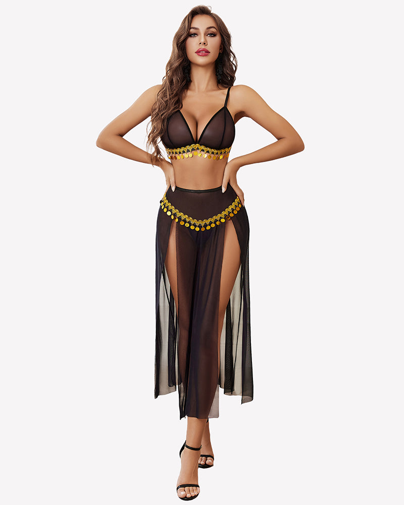 Black sheer bra top with gold beaded trim and split maxi skirt, front view