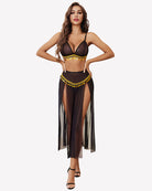 Black sheer bra top with gold beaded trim and split maxi skirt, front view