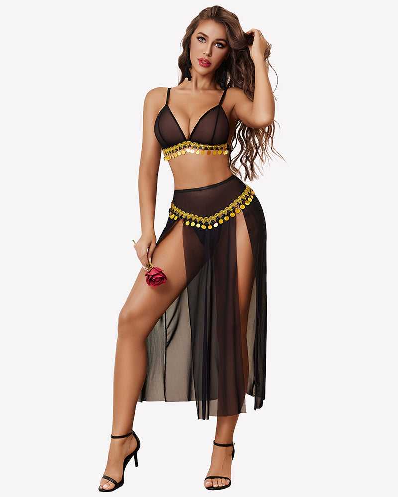 Black sheer bra top and split maxi skirt set with gold beaded trim and tassels