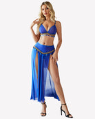 Mesh sheer bra top and split maxi skirt set, blue, V-neck bra with jeweled trim