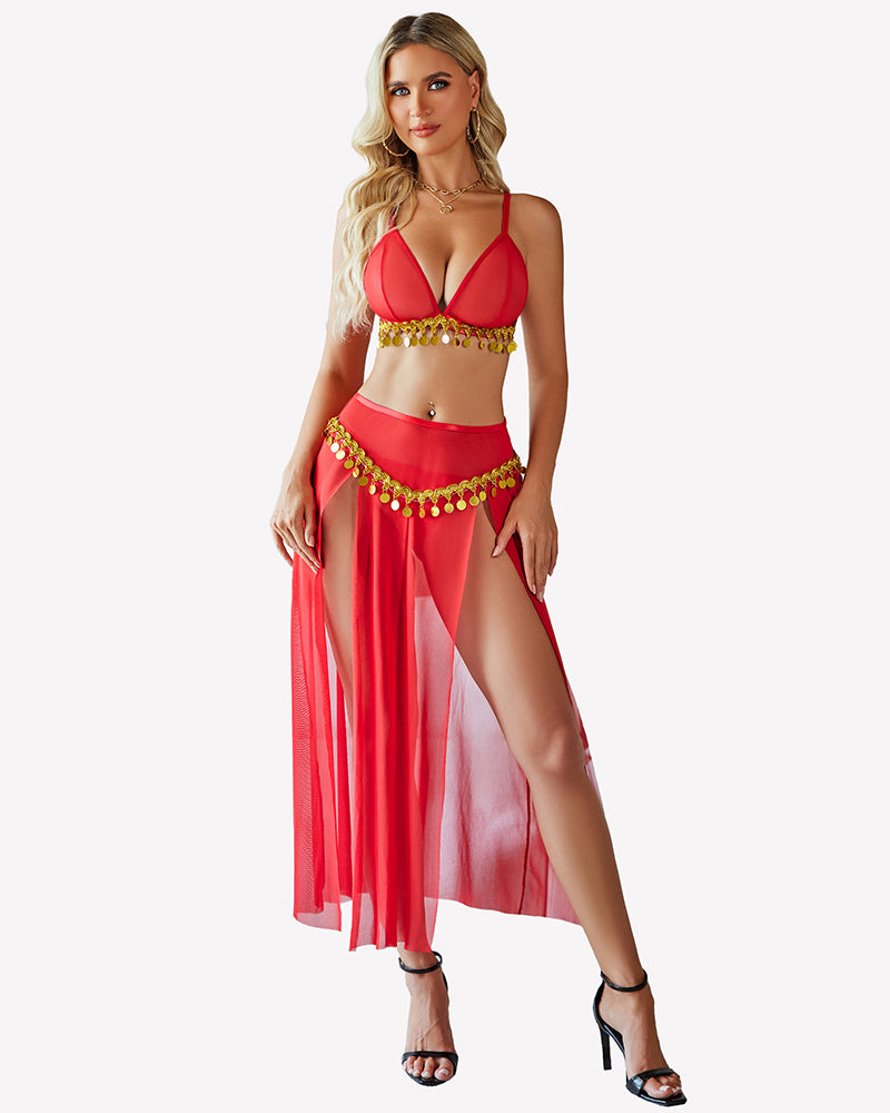 Mesh sheer bra top and split maxi skirt set, red, bead-trimmed triangle bra