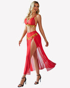 Mesh sheer bra top and split maxi skirt set, red, side view with bead trim
