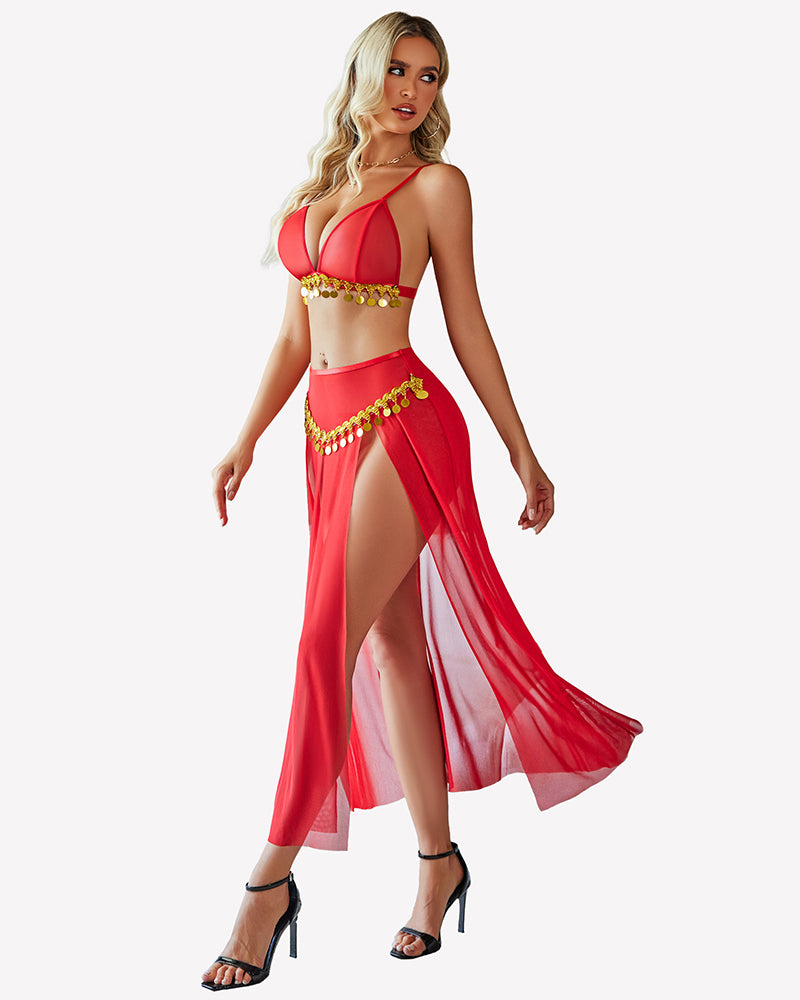 Mesh sheer bra top and split maxi skirt set, red, side view with bead trim