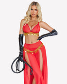 Mesh sheer bra top and split maxi skirt set, red, front view with gold bead trim