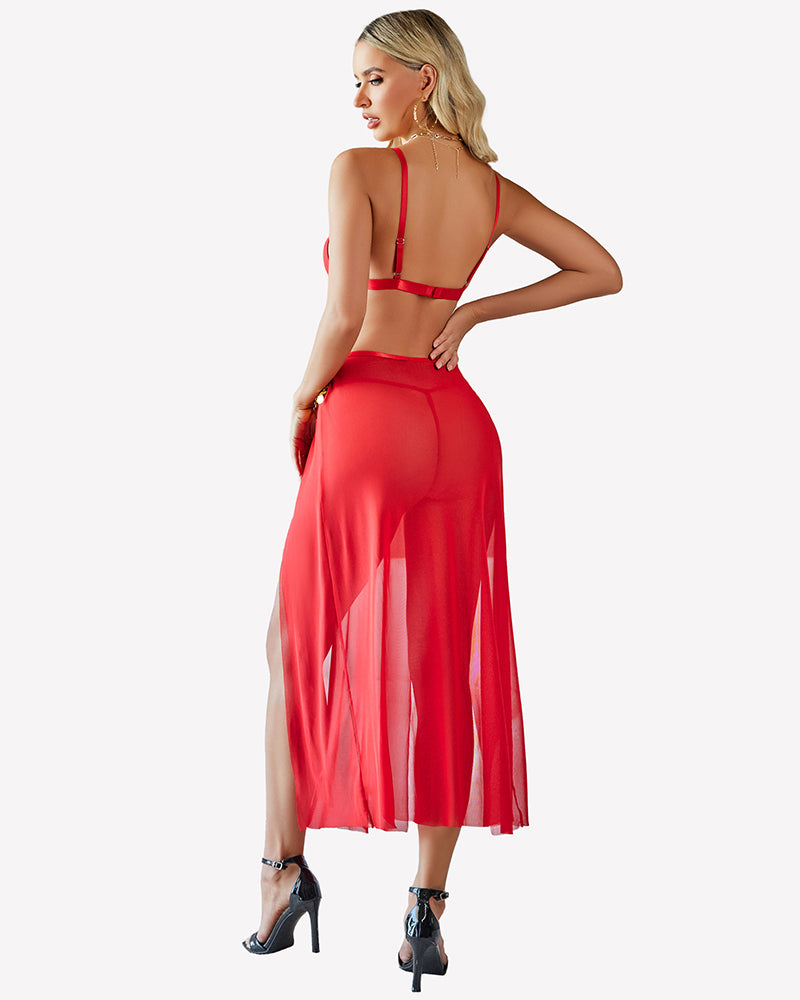 Mesh sheer bra top and split maxi skirt set, red, back view with sheer split skirt