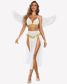 White sheer bra top and split maxi skirt set with gold pom-pom trim