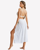 White sheer bra top and split maxi skirt set, open-back, gold trim