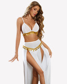 White sheer bra top and split maxi skirt set with gold pom-pom trim and high slit