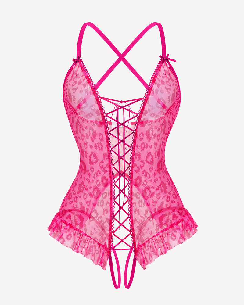 Pink leopard corset bodysuit with crisscross back and lace-up front, ruffle hem