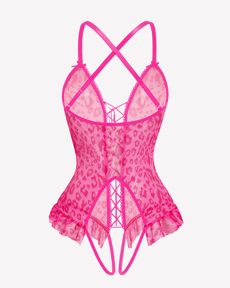 Pink leopard corset bodysuit with lace-up panel and ruffle hem, crisscross straps