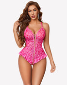 Pink leopard-print lace-up corset bodysuit with ruffle peplum and adjustable straps