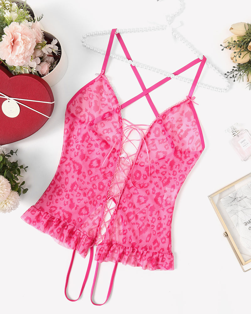 Pink printed corset bodysuit with lace-up front, ruffle hem, and sheer lace panels