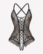 Leopard print lace-up corset bodysuit with crisscross back lacing and sheer panel