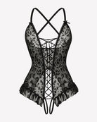 Dark leopard print lace-up corset bodysuit with sheer back panel and crisscross lacing