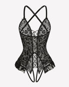 Dark leopard print lace-up corset bodysuit with crisscross straps and center lacing
