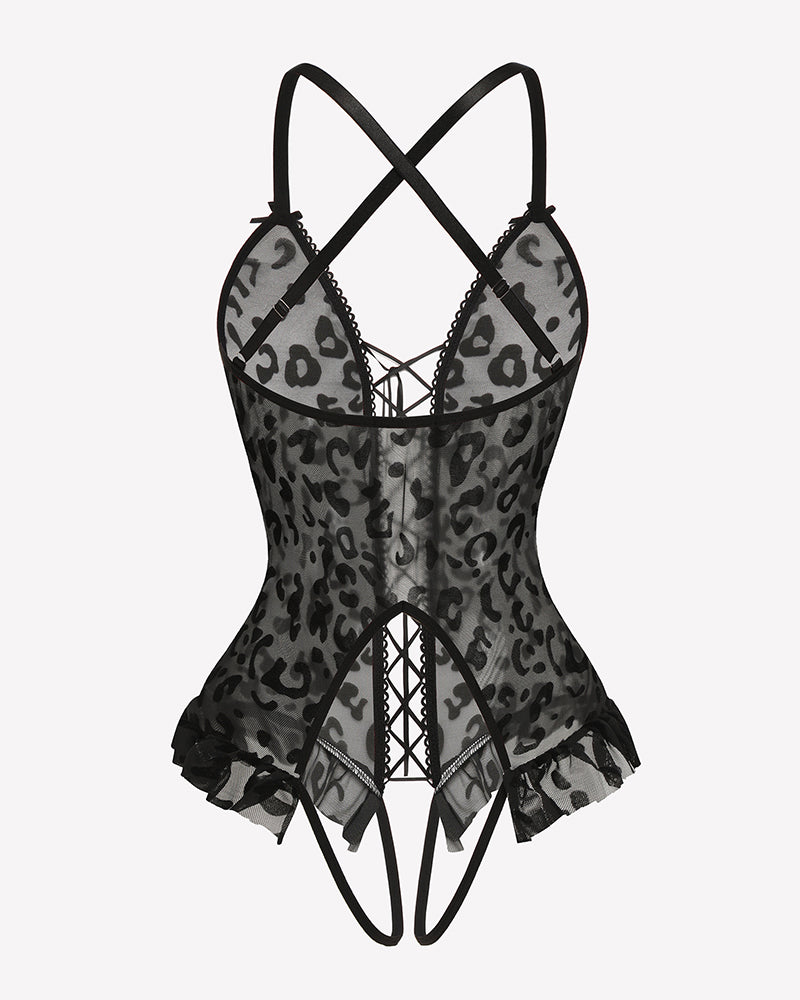 Dark leopard print lace-up corset bodysuit with crisscross straps and center lacing
