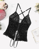 Black leopard print corset bodysuit with lace-up front and ruffle trim