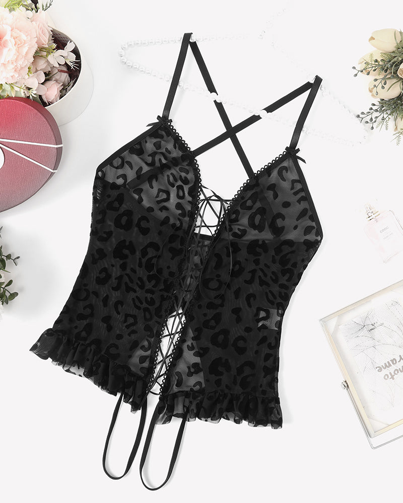 Black leopard print corset bodysuit with lace-up front and ruffle trim