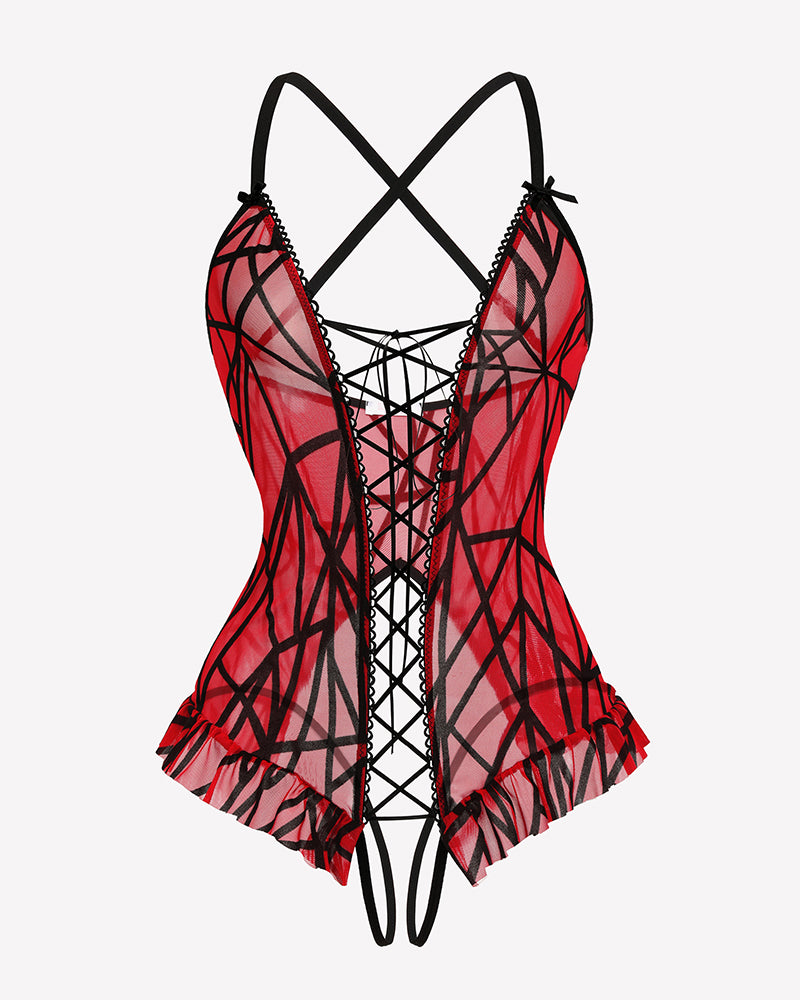 Red and black lace-up corset ruffle bodysuit with sheer mesh overlay and heart-gloss ties