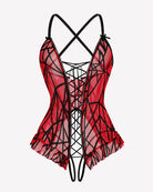 Red and black lace-up corset ruffle bodysuit with sheer mesh overlay and heart-gloss ties