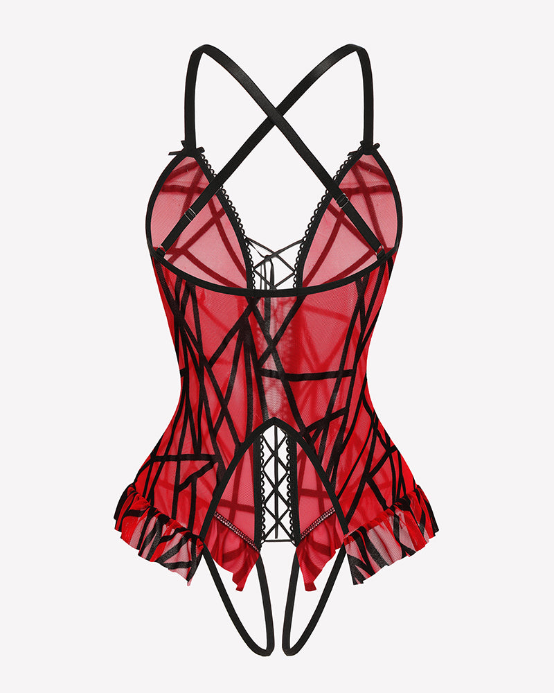 Red and black lace-up corset ruffle bodysuit with sheer mesh panels and crisscross lacing