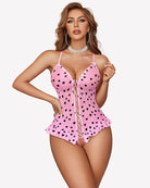 Pink heart-print lace-up corset bodysuit with underwire cups and ruffle peplum hem