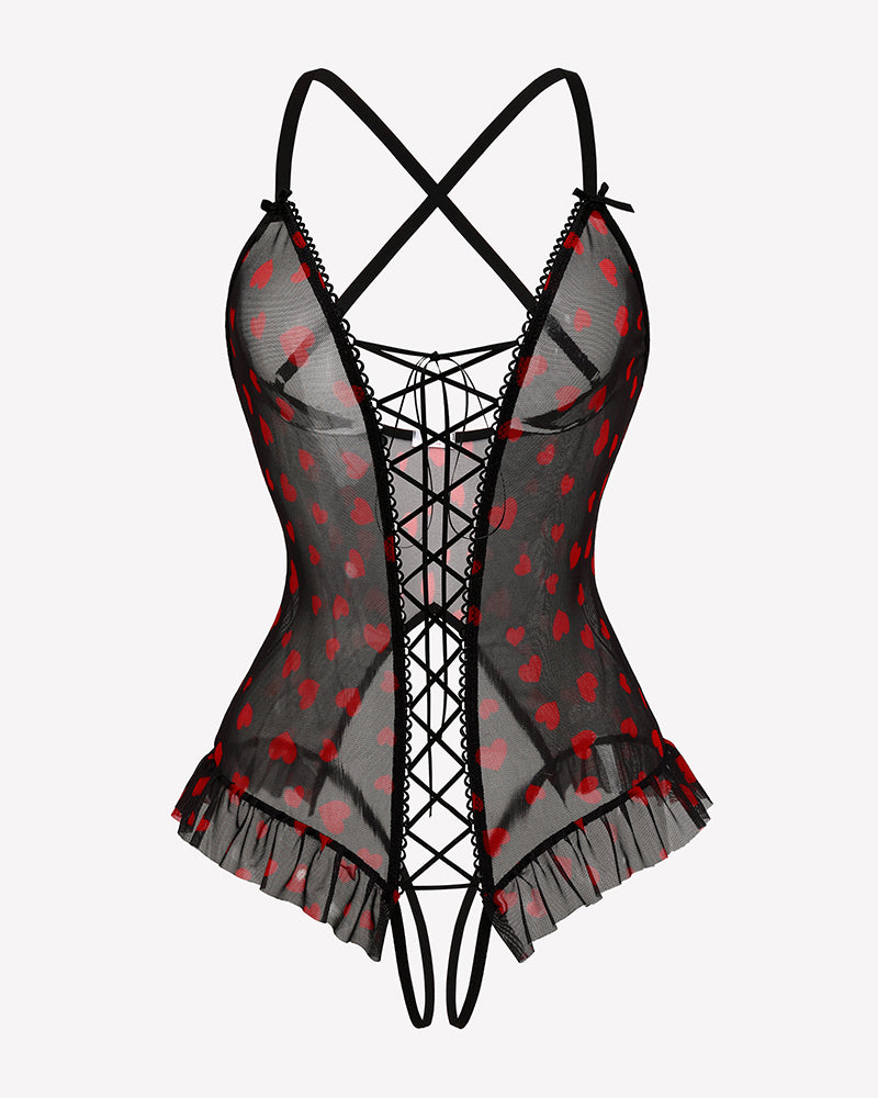 Black and gray heart-print lace-up corset ruffle bodysuit with sheer mesh and crisscross lacing