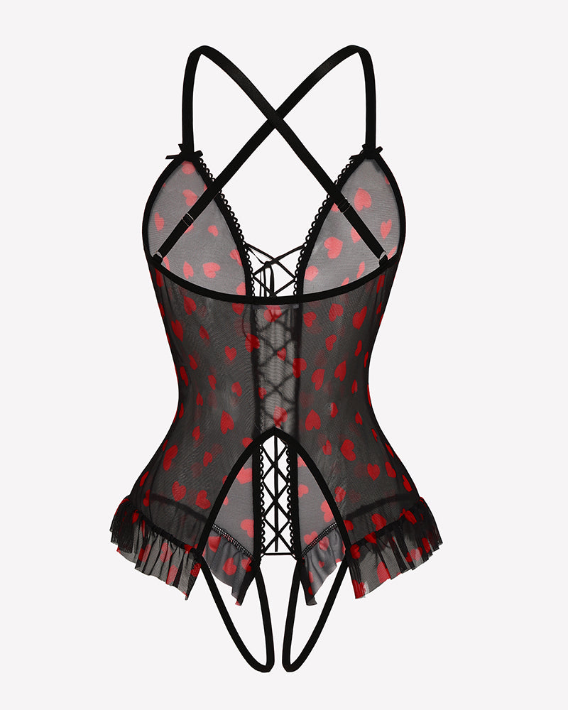 Black and gray heart-print lace-up corset ruffle bodysuit with crisscross straps at back