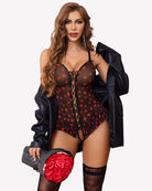 Black and red heart-print lace-up corset bodysuit with sheer mesh and ruffle hem