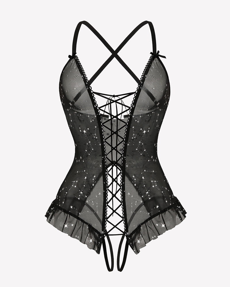 Star-print corset bodysuit with lace-up panel and ruffle cuffs, black sheer mesh