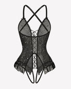 Star-print corset bodysuit with crisscross straps and lace-up front, black sheer mesh