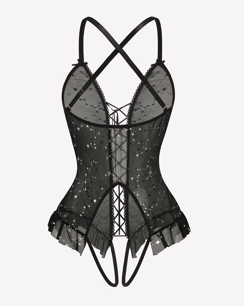 Star-print corset bodysuit with crisscross straps and lace-up front, black sheer mesh