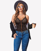 Star-print lace-up corset bodysuit with underwire cups and ruffle hem, black sheer mesh